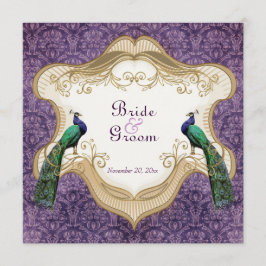 Invitación a la boda púrpura real de pavo real