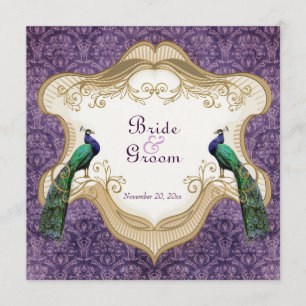 Invitación a la boda púrpura real de pavo real