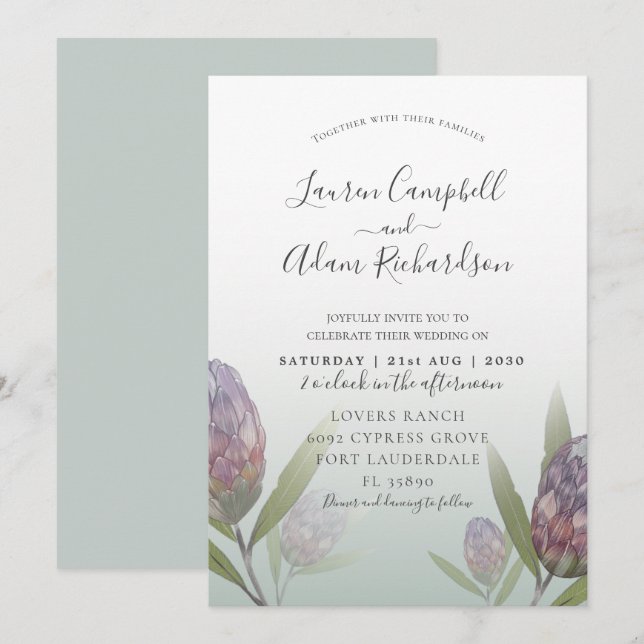Invitación a la boda púrpura verde floral moderna (Anverso / Reverso)