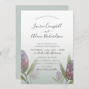 Invitación a la boda púrpura verde floral moderna
