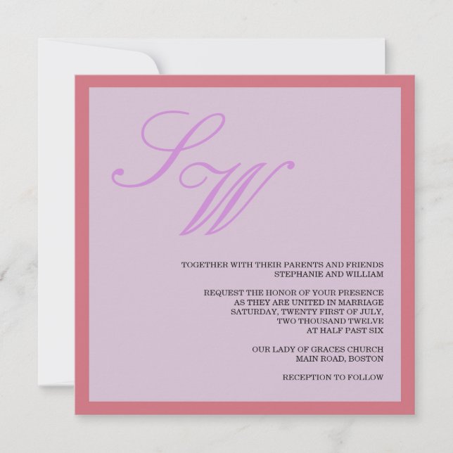 Invitación a la boda púrpura y coral (Anverso)