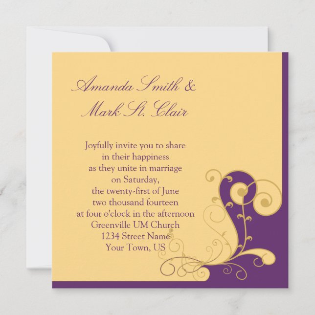 Invitación a la boda púrpura y dorada moderna (Anverso)
