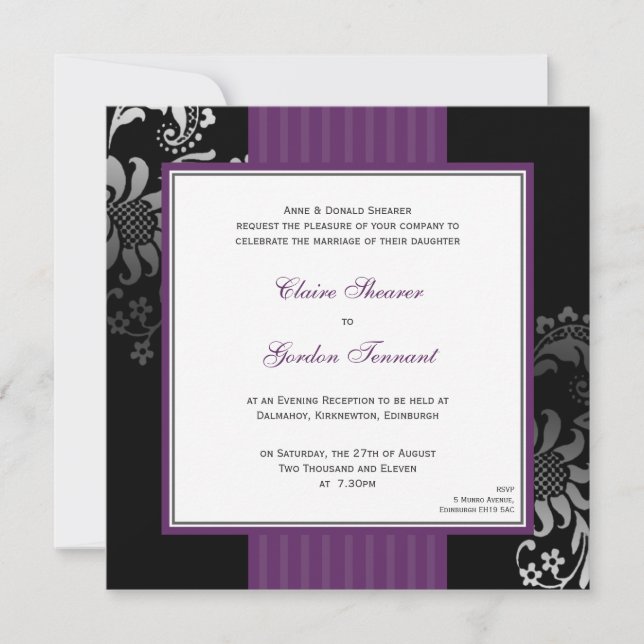 Invitación a la boda púrpura y negra - Púrpura (Anverso)