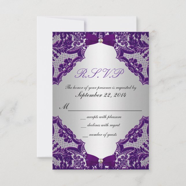 Invitación a la boda púrpura y plateada RSVP (Anverso)