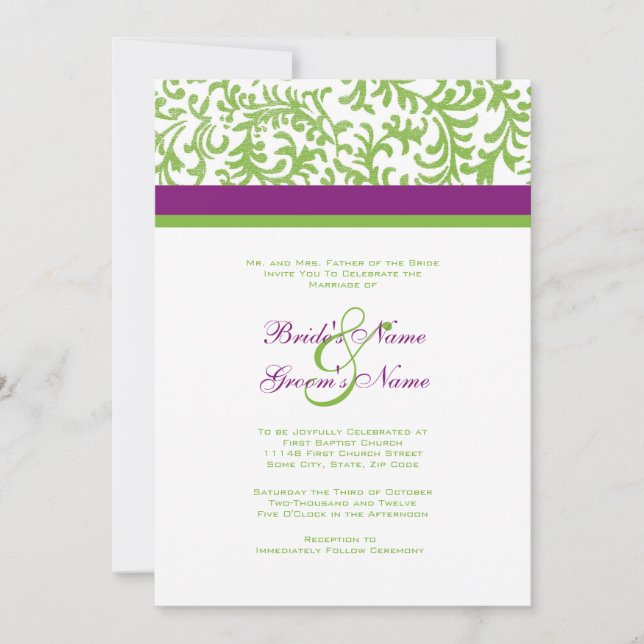 Invitación a la boda púrpura y verde (Anverso)