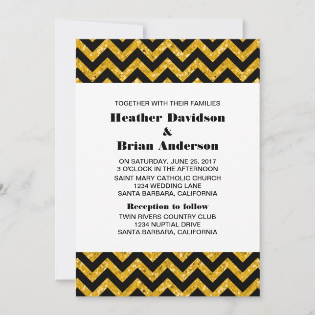 Invitación a la boda Purpurina de Chevron amarillo (Anverso)