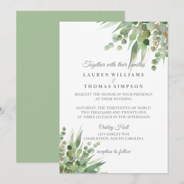 Invitación a la boda Purpurina de oro de Eucalyptu (Anverso / Reverso)