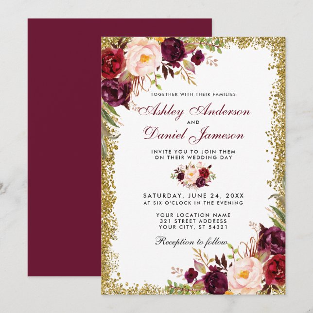 Invitación a la boda Purpurina de oro floral de Bo (Anverso / Reverso)
