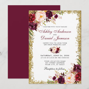 Invitación a la boda Purpurina de oro floral de Bo