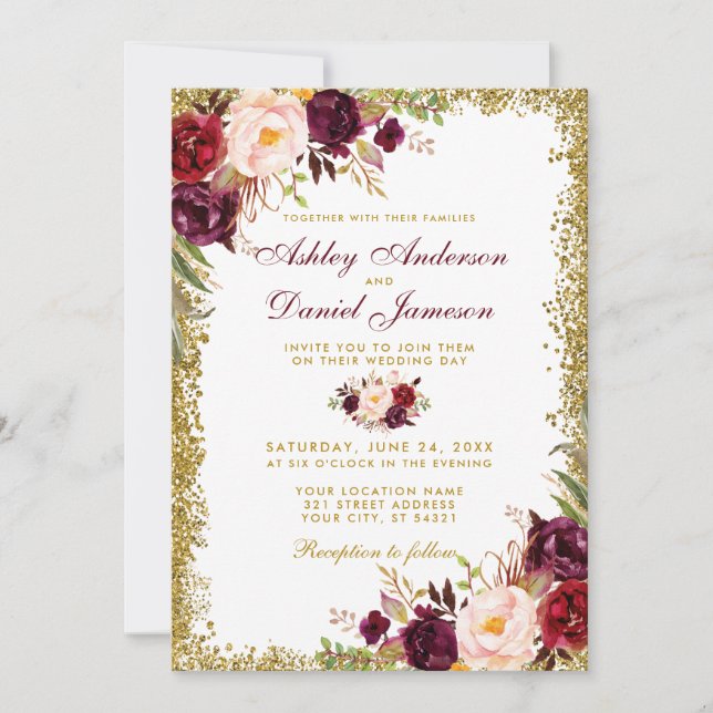 Invitación a la boda Purpurina de oro floral de Bo (Anverso)