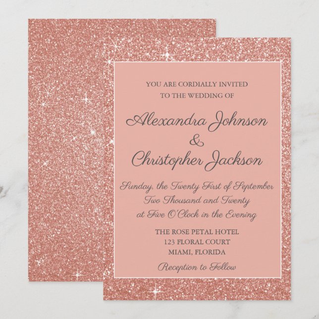 Invitación a la boda Purpurina de oro rosa rosa (Anverso / Reverso)