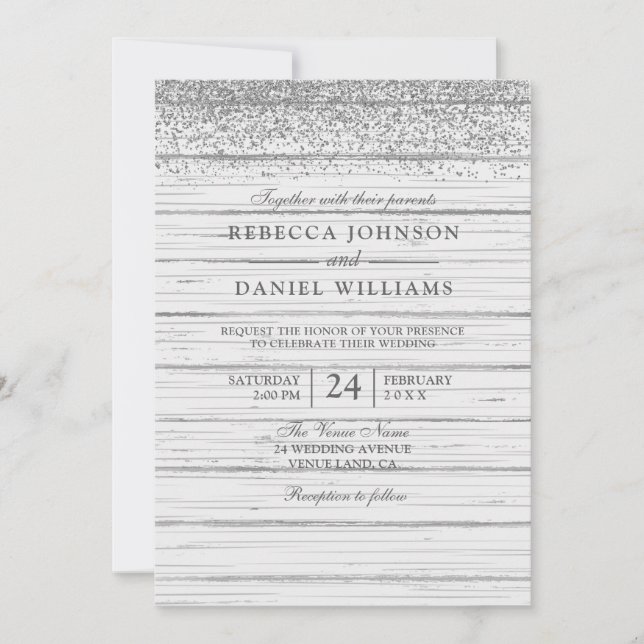 Invitación a la boda Purpurina de plata de madera  (Anverso)