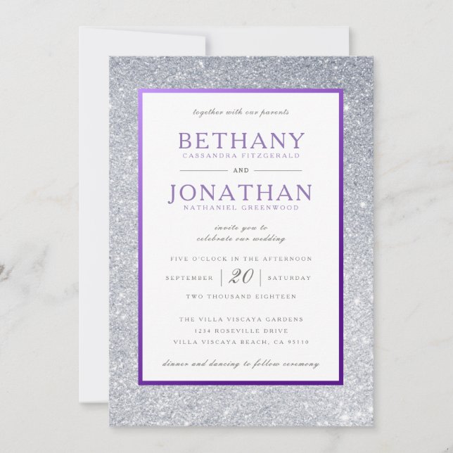 Invitación a la boda Purpurina morado y plateado (Anverso)