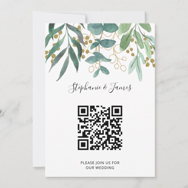 Invitación a la boda QR Code Gold Eucalyptus Berri (Anverso)
