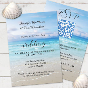 Invitación a la boda QR en una playa simple y colo