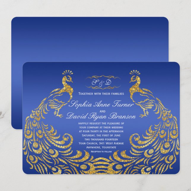Invitación a la Boda Real Azul de Oro (Anverso / Reverso)