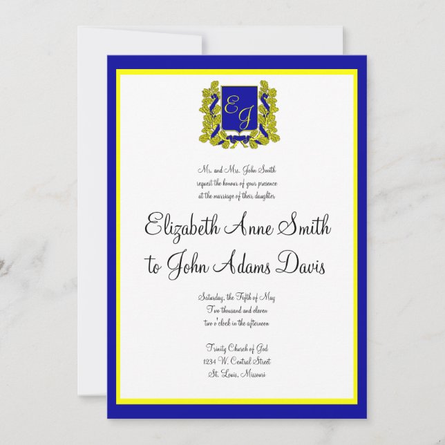 Invitación a la boda real azul y oro (Anverso)
