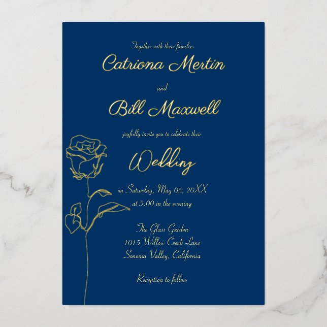Invitación a la Boda Real Azul y Oro Clásica (Anverso)