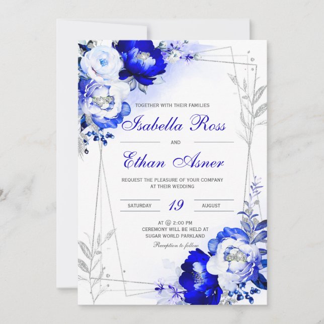 Invitación a la boda real azul y plata (Anverso)