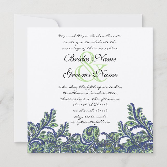 Invitación a la Boda Real Azul y Verde Paisley Pea (Anverso)