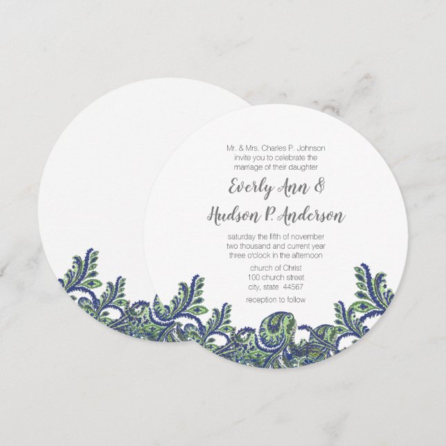 Invitación a la Boda Real Azul y Verde Paisley Pea (Anverso / Reverso)