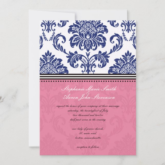 Invitación a la boda real de damasco azul y rosa (Anverso)
