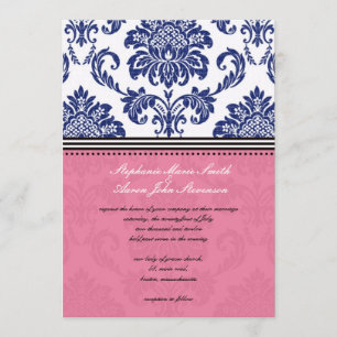 Invitación a la boda real de damasco azul y rosa