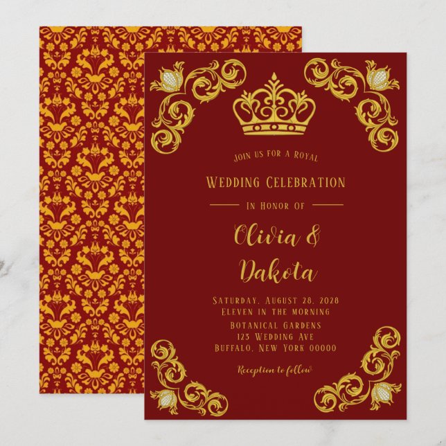 Invitación a la Boda Real de Damasco Rojo y Oro (Anverso / Reverso)
