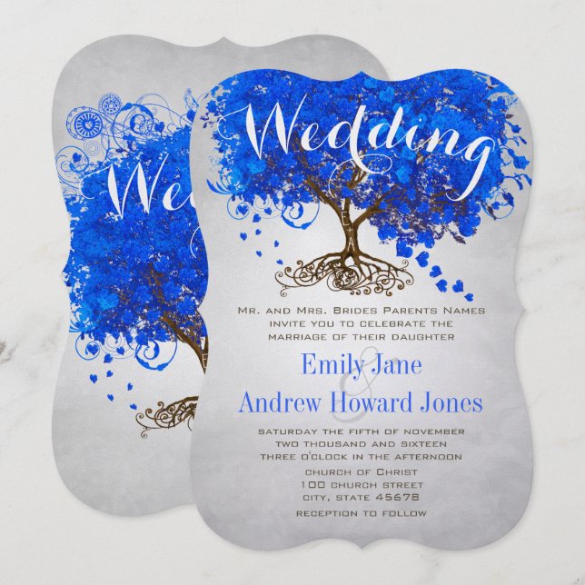 Invitación a la boda real de hojas de corazón azul (Anverso / Reverso)