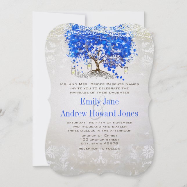 Invitación a la boda real de hojas de corazón azul (Anverso)