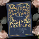 Invitación a la Boda Real de Oro Medieval Azul<br><div class="desc">Establece el tono de tu fantasía medieval boda con un diseño de invitación audaz —una gran espada de oro rodeada de flores contra un fondo azul. Perfecto para parejas que sueñan con una celebración épica y romántica. ¡Haz que tu historia de amor sea legendaria a primera vista! NOTA: el oro...</div>