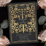 Invitación a la Boda Real de Oro Medieval Negra<br><div class="desc">Establece el tono de tu fantasía medieval boda con un diseño de invitación audaz —una gran espada de oro rodeada de flores contra un fondo negro. Perfecto para parejas que sueñan con una celebración épica y romántica. ¡Haz que tu historia de amor sea legendaria a primera vista! NOTA: el oro...</div>
