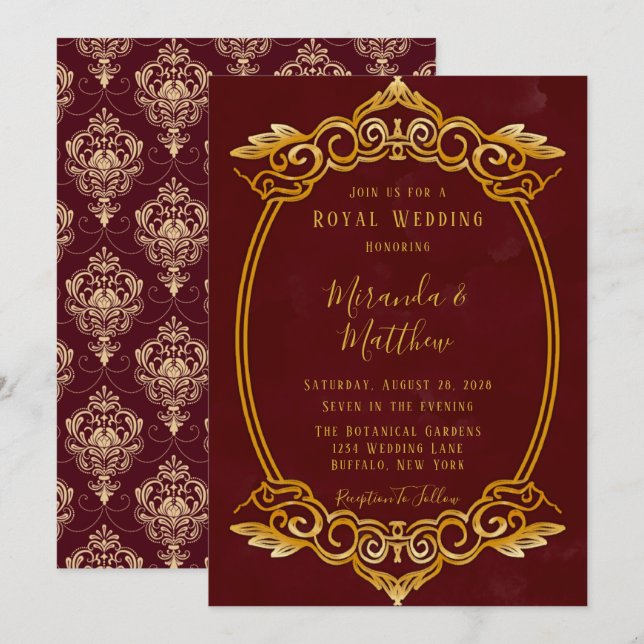 Invitación a la Boda Real de Oro y Borgoña de Lujo (Anverso / Reverso)