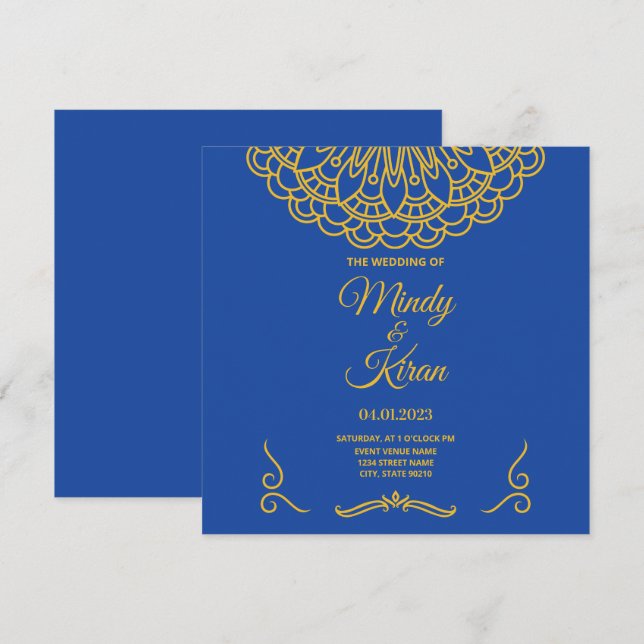 Invitación a la boda real india azul y dorada (Anverso / Reverso)