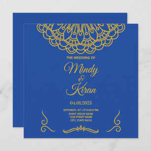 Invitación a la boda real india azul y dorada