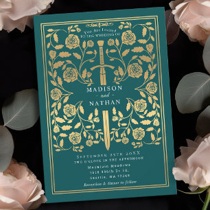 Invitación a la Boda Real Medieval de Oro verde az