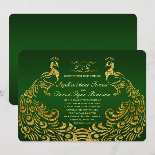 Invitación a la Boda Real Verde de Oro (Anverso / Reverso)