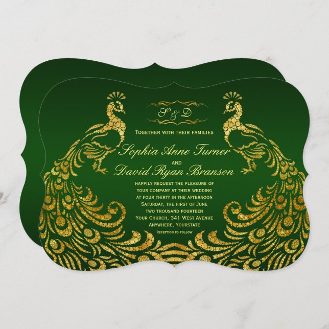 Invitación a la Boda Real Verde Faux Gold Peacock (Anverso / Reverso)