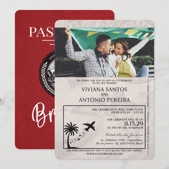 Invitación a la boda Red Brasil Passport (Anverso / Reverso)
