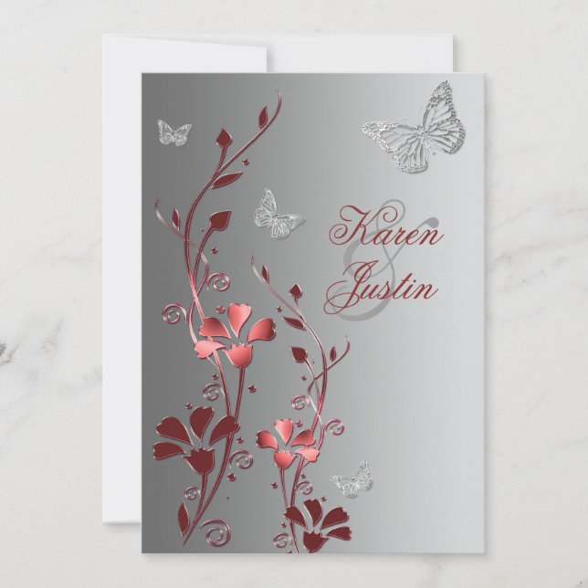 Invitación a la boda Red con mariposas plateadas (Anverso)