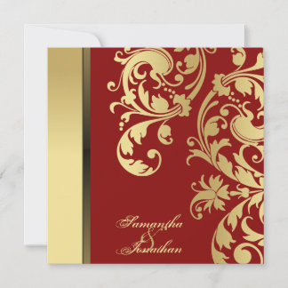 Invitación a la boda Red Gold Shimmer Floral Swirl