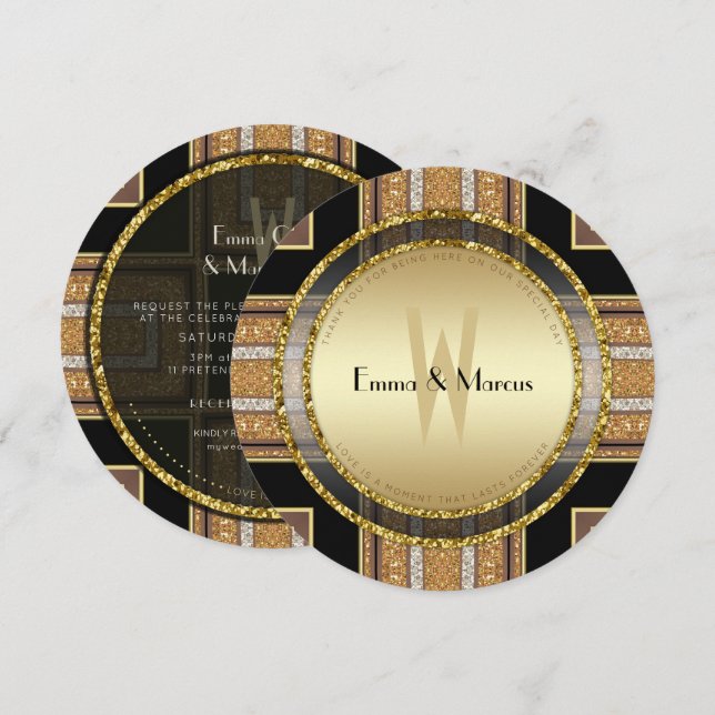 Invitación a la boda redonda de Purpurina de oro d (Anverso / Reverso)