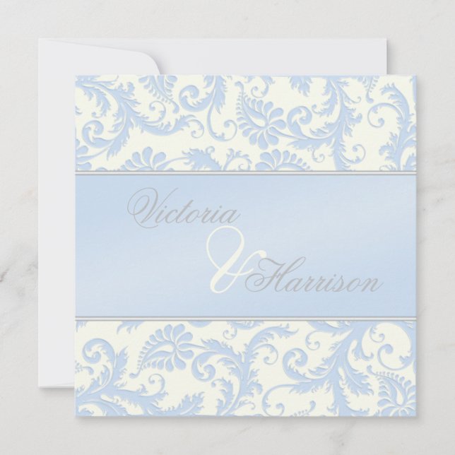 Invitación a la boda Regal Blue y Ivory Damask (Anverso)