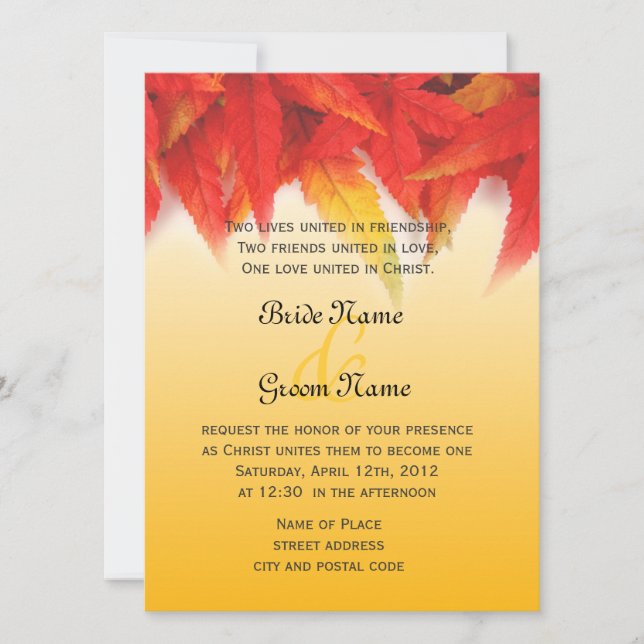 Invitación a la boda religiosa, caída hojas rojas (Anverso)