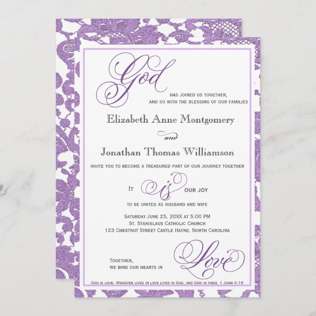 Invitación a la boda religiosa de Lavender Lace (Anverso / Reverso)