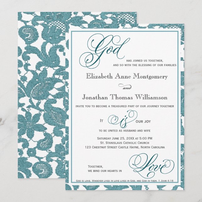 Invitación a la boda religiosa de los encajes verd (Anverso / Reverso)