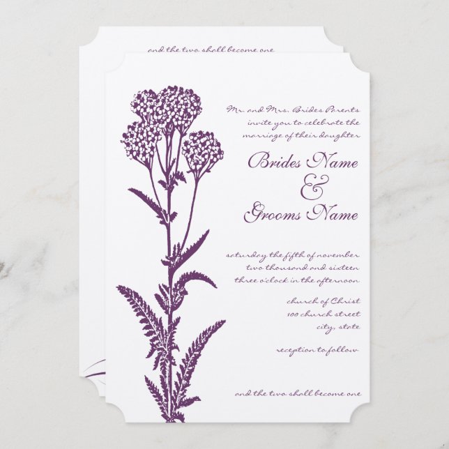 Invitación a la boda religiosa floral púrpura (Anverso / Reverso)