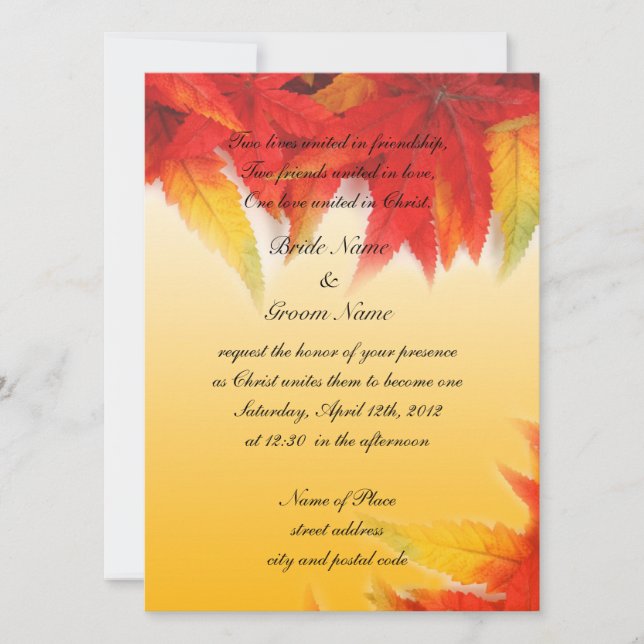 Invitación a la boda religiosa, hojas rojas caídas (Anverso)