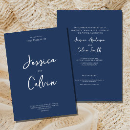 Invitación a la boda religiosa mínima azul de la M