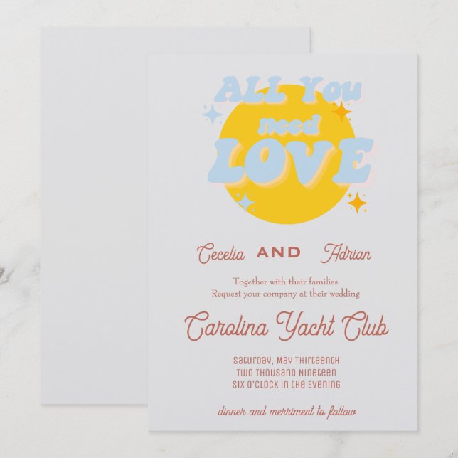Invitación a la boda retro azul y amarillo bebé (Anverso / Reverso)